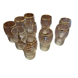 Anchor Hocking 1960’s clear 10 small glasses gold rimmed vintage cups Has some wear