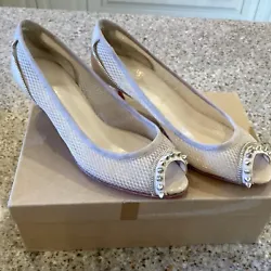 Christan Louboutin AUTOGRAPHED studded peep toes, low kitten heel Beige Sz 40. Very special autographed low pumps,...