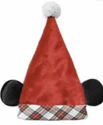 Authentic Disney Parks Christmas Plaid Red Mickey Mouse Ears Santa Hat Adult NWT.