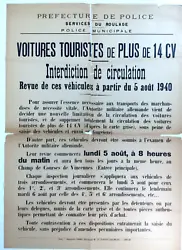 Grande affiche VOITURES TOURISTES de PLUS de 14 CV - Interdiction de circulation - Préfecture de Police. 1940s -80 x...