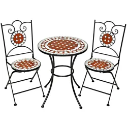 Meuble de jardin, Table de jardin acier et céramique mosaïque ronde Ø 60 cm Blanc, Noir, Terre cuite avec 2 chaises...