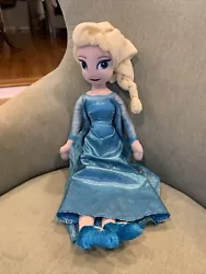 DISNEY STORE Stuffed Toy Plush Doll Elsa Frozen 18” Large Blue Dress Cape. Elsa has a very small tear on her shoulder