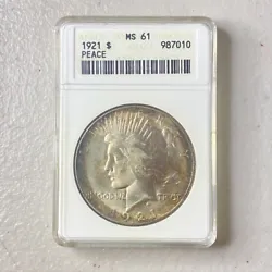 1921 ANACS MS61 PEACE Silver Dollar OLD WHITE SOAPBOX HOLDER 987010