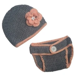 Baby Girl Flower Hat & Diaper Cover Photo Prop-Hand Crocheted Set-Newborn  Colors: Medium Grey & Peach Size: Newborn...