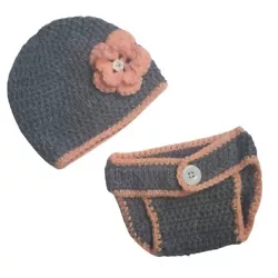 Baby Girl Flower Hat & Diaper Cover Photo Prop-Hand Crocheted Set-Newborn  Colors: Medium Grey & Peach Size: Newborn...