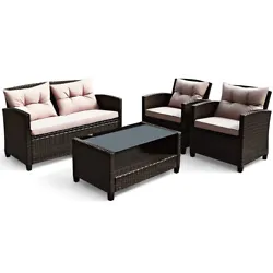 Color of rattan: brown  Color of Cushion: Creamy-white  Material of Sofa and Coffee Table: PE Rattan, steel, Tempered...