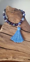Handmade 6mm round beaded healing bracelet. Crystal glass beads. Blue Lapis, Amethyst. Chakra. Boho tassel bracelet. 6