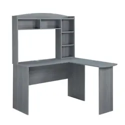 Feature 3 : Includes a Hutch with ample space. Feature 1 : L-Shaped Computer desk made of wood panels with Grey...