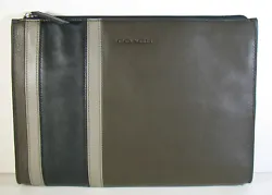 Coach zippered case that would hold a tablet, ipad, or kindle. Brown with grey and black leather stripes.