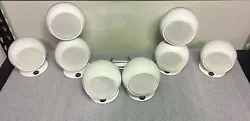 Orb Audio Speakers Surround Set of 8 Pearl White with Stands. Tested and in working condition. Slight indentation on...
