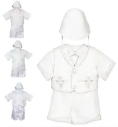 Baby Toddler Boys Baptism Christening 4 Piece Shorts Outfit Set. 2 Button Vest With Christening Design Embroidery....