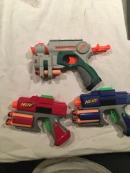Three nerf guns lot Pull Back Action used. Condition is Used. Please see pictures each come with ammunition used...