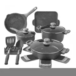 The Pioneer Woman Prairie Signature 14-Piece Cast Aluminum Cookware Set, Charcoal Speckle  Glass lids allow you to...