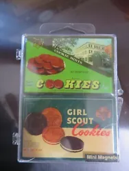 Girl Scout, refrigerator mini magnets set, Shows Girl Scout cookies. The plastic box that they come in shows some wear...