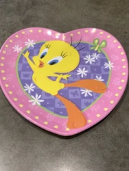 Vintage 1999 Tweety Bird Plate and Bowl, Pink Heart-Shaped, Lets Do Lunch!.