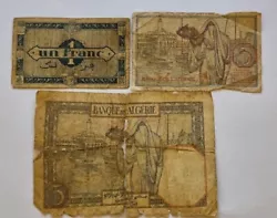 1 billet de un franc région économique dAlgérie janvier 1944. 1 billet de cinq francs du 2.10.1944.