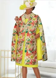 A beautifully textured floral cape makes the perfect topper for a sleeveless dress in stretch matte shantung. Back...