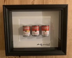 Andy Warhol “Signed” Framed 3D 3 x Campbell’s Soup Can. 3 miniature Soup Can’s (2” high) in a deep box frame...