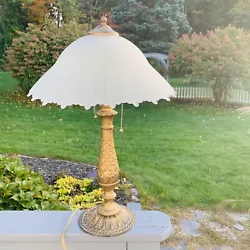 Vintage Metal Table Standing lamp W Frosted Acid Etched Glass Lampshade, Heavy.