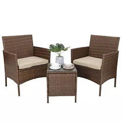 Rattan Material:PE. There are foot pads on the chairs and coffee tables. Table:15.75
