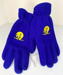 Pair of bright blue fleece gloves with bright yellow Tweety Bird embroidered on top of each one. 100% polyester,...