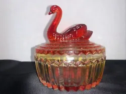 Vintage Glass Swan Covered Trinket Jar Candy Dish Color Red Yellow Ombre. In ok shape. There are no cracks in the glass...