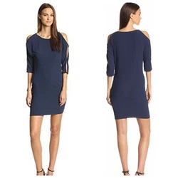 Sheath fit. Bust: 17” flat across. Deep blue in color. Wide boat neckline. Length: 35”.