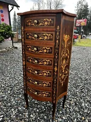 Can ship. Please get quotes from Uship.Vintage Italian Inlaid Chest Lingerie Tall Dresser Ornate Italy Curved Bombay....