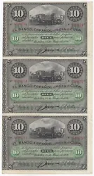 Espagne, 10 pesos, année 1896, feuille non coupée de 3 billets, numéro de série consécutif. P49, AUNC.
