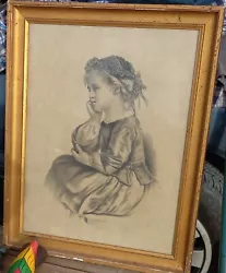 GRAND DESSIN ANCIEN XIXe portrait fillette Signé Chépégnier dans cadre doré à lor fin d époque. Dessin de belle...