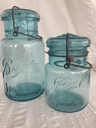 Lot Ball Ideal Aqua Blue Glass Mason Jars& Lids/ Pat’d July 14, 1908 Qt &Pt. Quart jar is slightly older than the...