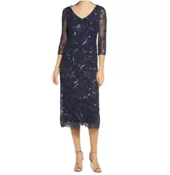 Pisarro Nights Sequin & Beaded Sheath Dress Size 6Navy GunmetalWore only once for one evening