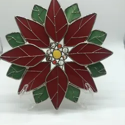 Vintage Poinsettia Stained Glass Window Sun-catcher Home Garden Decor Xmas Red/green and metal is silverTwo...