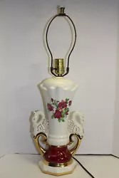 Signed Worrall in the rose design. Ceramic Lamp with lovely swan handles with rose design and gold accents. Clear glass...