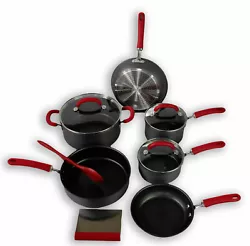 Rachael Ray Create Delicious Hard Anodized Nonstick Cookware Pots and Pans Set, 11 Piece, Gray with Red Handles. EASY...