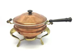Copper, brass, three legged, unmarked, two handle, Sterno style, pot, stand, slow cook, skillet with lid.