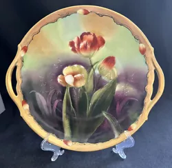 Signed C HOHN on front. Two Handled plate with heavy gold rim and beautiful art nouveau style crocus flowers. Antique...