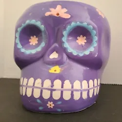Day of the Dead Multicolor Sugar Skull Planter Plant Pot Vase Purple   5.5