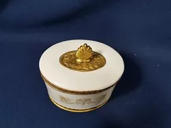 Made in Italy. Stunning dresser or trinket box decorated with a trumpet swan crest and heavy gilt braiding and shell...