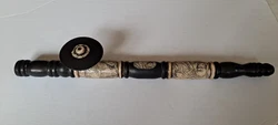 antique chinese poppy  pipe .it is wood with bone or wood sections with Etched pictures of figures and flowers. It is...