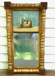 THIS IS AN ANTIQUE ORIGINAL FOLK ART TWO PART REVERSE GLASS PAINTED MIRROR WITH A BASKET OF FRUIT. Condition: ALL...