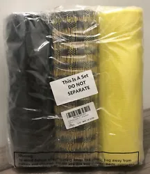 Set of 3 rolls black & yellow deco mesh 10 inches wide by 19 feet long each.