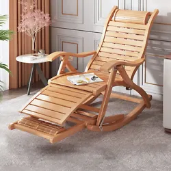 Bamboo Lounge Chair Large Adjustable Rocking Chair Reclining Patio Chair with Headrest Pillow and Foot Massage Board...