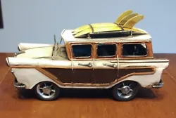 1950s Ford Country Squire Woody Wagon Tin Model car. 1950s vintage style car with rolling wheels, 3 surfboards on the...