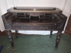 Circa 1915 He Shaw spinet desk. 2 drawer 8 storage slots. This desk is unique because it was hand carved and has a rare...