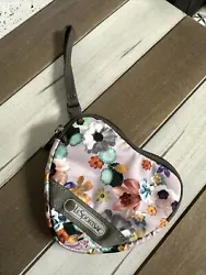 LeSportsac Heart Shaped Mini Zippered Pouch floral multicolor Gray lined EUC. New without tag