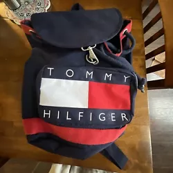 Tommy Hilfiger Drawstring Backpack Bag Flag Logo Spellout Daypack Canvas 90s. small white place between G and E on...