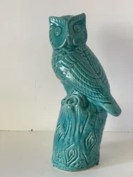 Decorative Ceramic Owl on Stump 13” Tall Figurine Statue Turquoise Blue. Please review each of the photos carefully...