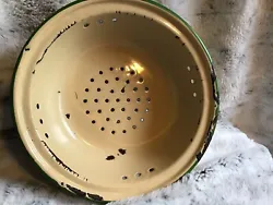 Vary rustic lots of ware on the enamel... see pictures...Vintage Enamel Almond Colander Strainer Bowl Basin Green Trim...