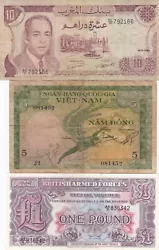 Maroc, Vietnam, Britannique, Lot de 3, Tous Différents Billets, Rare Collection.
